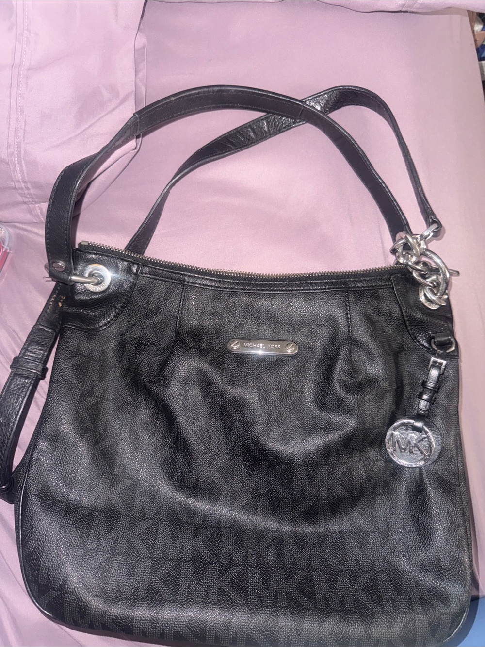 Michael Kors Black Logo-Print Leather Shoulder Bag with Silver Hardware